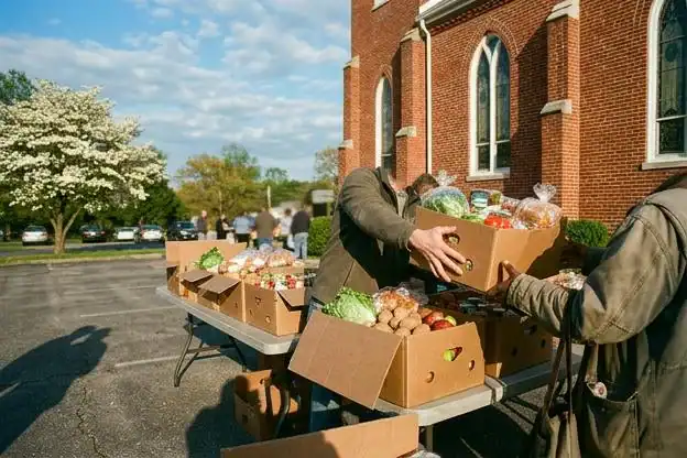 Volunteers handing out boxes of fresh groceries from folding tables in a church parking lot