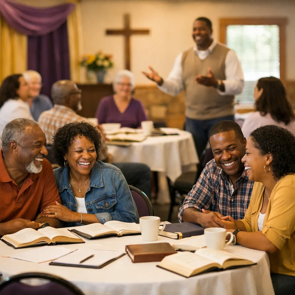 Couples laugh and talk around tables with open Bibles while a facilitator leads a family-life seminar