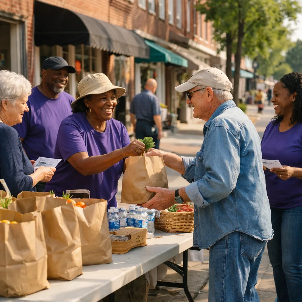 Volunteers in purple shirts hand out bags of groceries and flyers to neighbors on Main Street