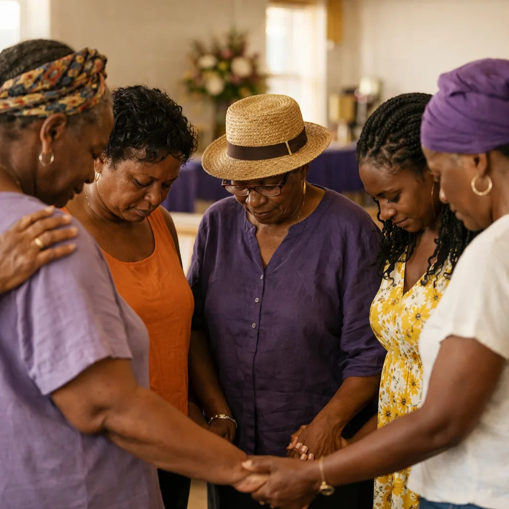 Women of different ages stand in a circle holding hands and praying together