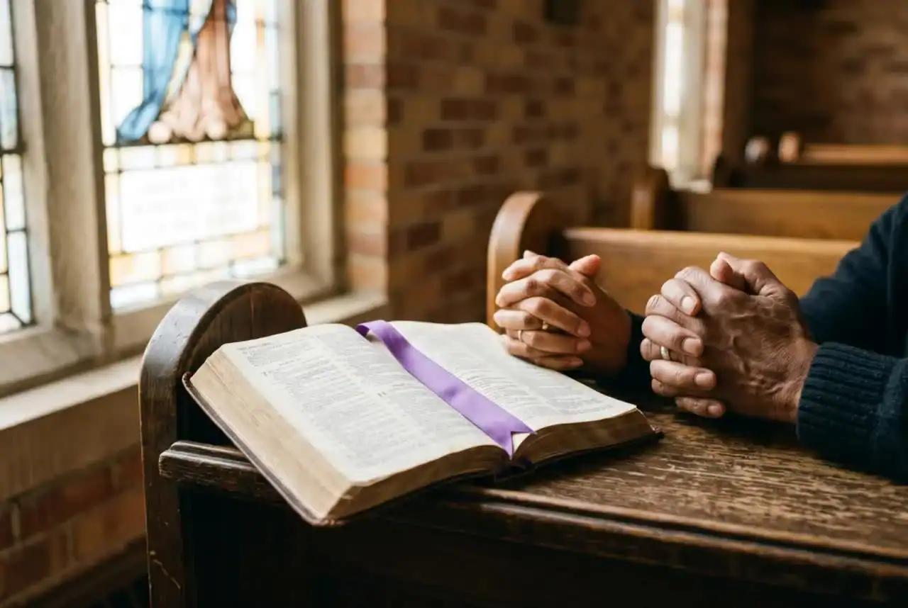 Hands folded in prayer beside an open Bible on a church pew