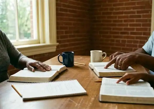 Open Bibles, a notebook and coffee cups on a table during Sunday School