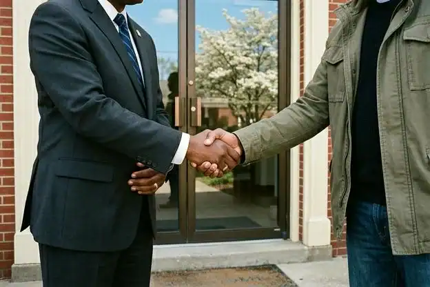 A greeter shaking hands with a visitor at the glass doors of the Fellowship Hall