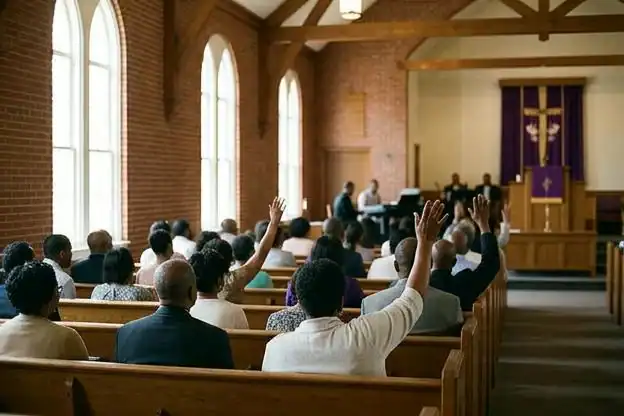 A congregation seen from the back row during worship, several hands raised